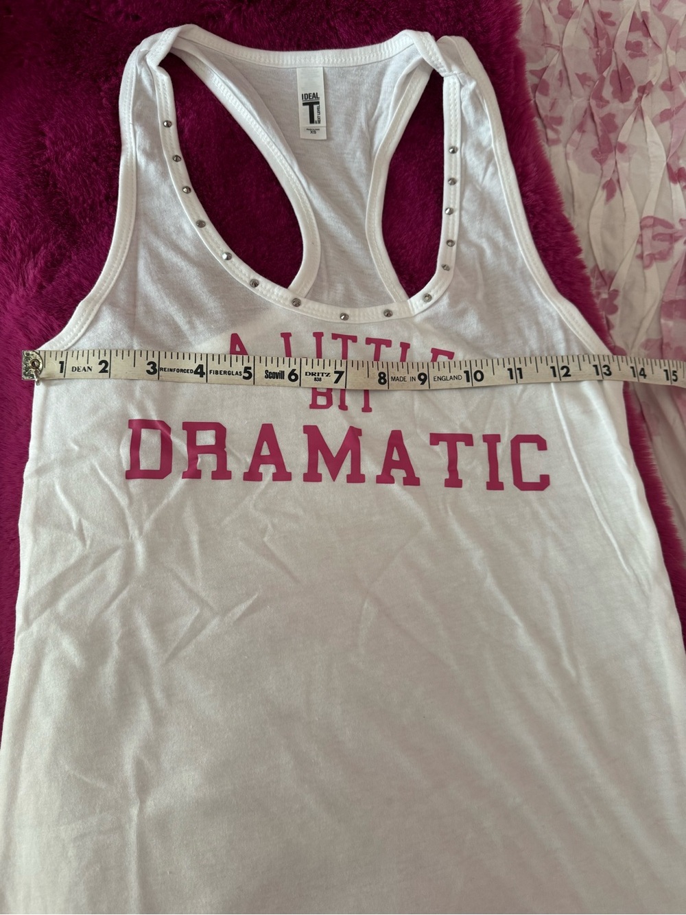 White Racerback Tank with "A LITTLE BIT DRAMATIC" Pink Text. Because you are! XS - Picture 4 of 5